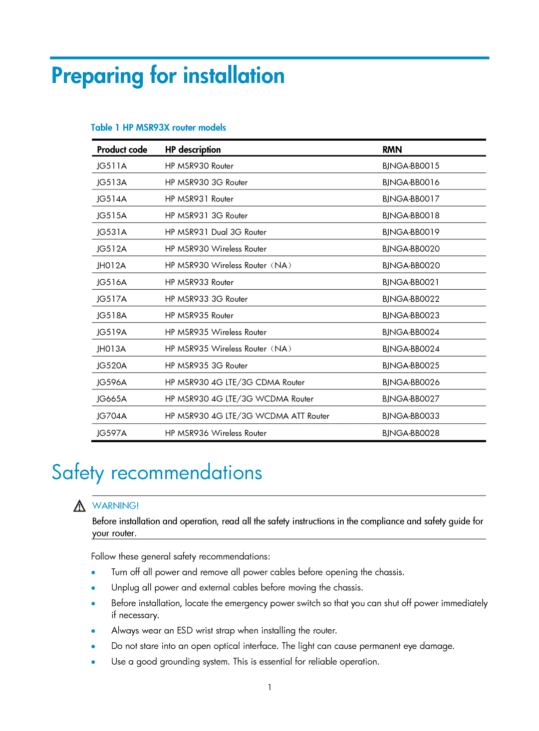 HP MSR93x Router manual Safety recommendations, Product code HP description 