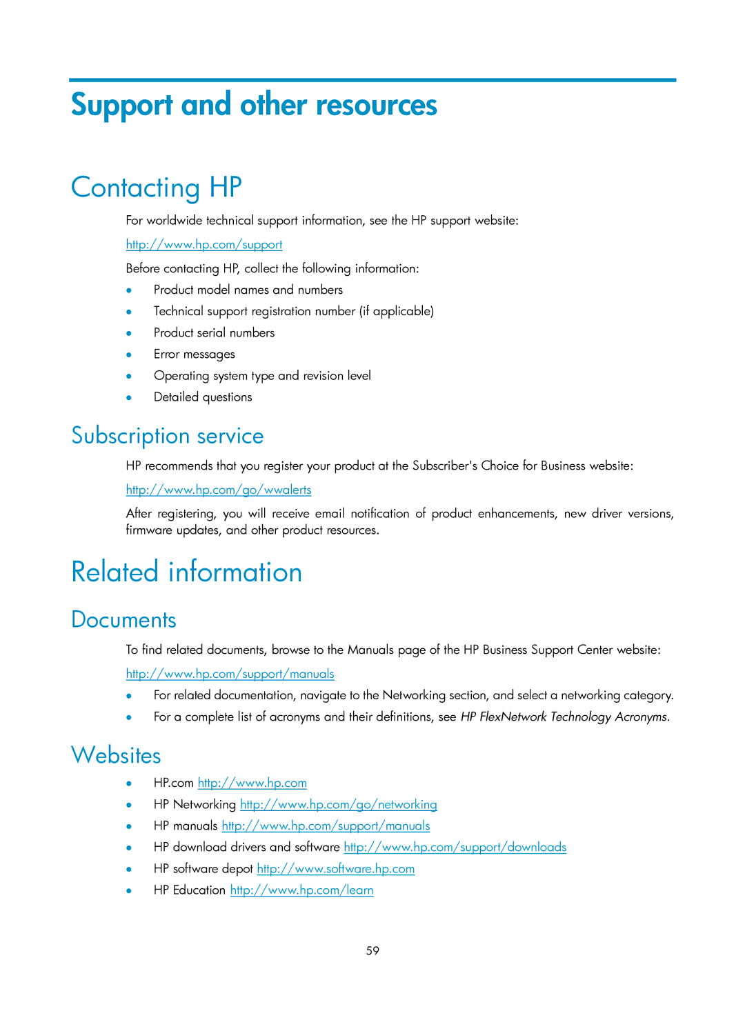 HP MSR93x Router manual Contacting HP, Related information, Subscription service, Documents, Websites 