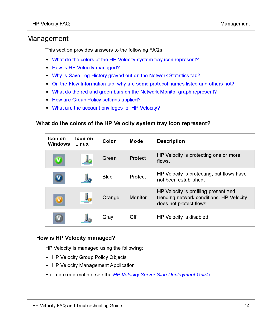 HP mt40 Mobile manual Management, How is HP Velocity managed?, Icon on Color Mode Description Windows Linux 