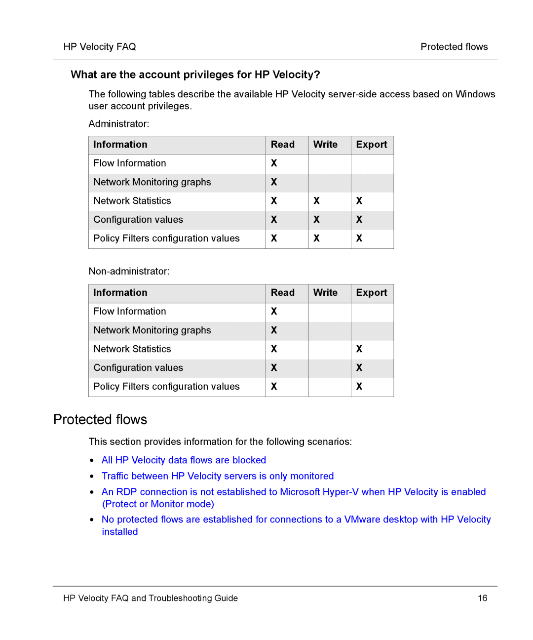 HP mt40 Mobile manual Protected flows, What are the account privileges for HP Velocity? 