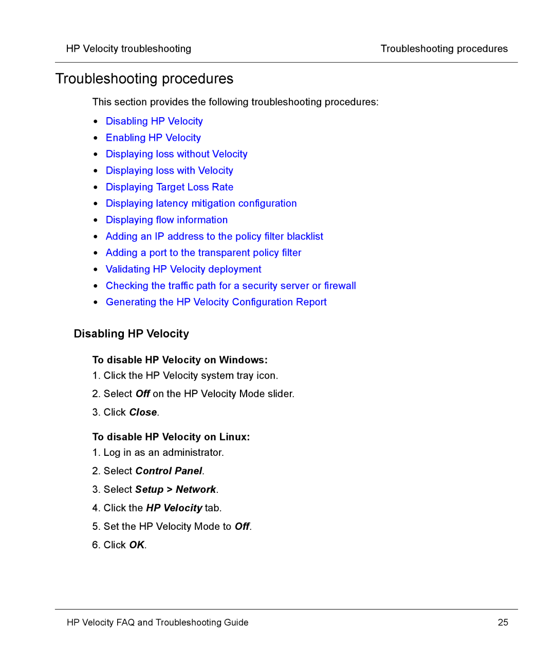 HP mt40 Mobile manual Troubleshooting procedures, Disabling HP Velocity, To disable HP Velocity on Windows 