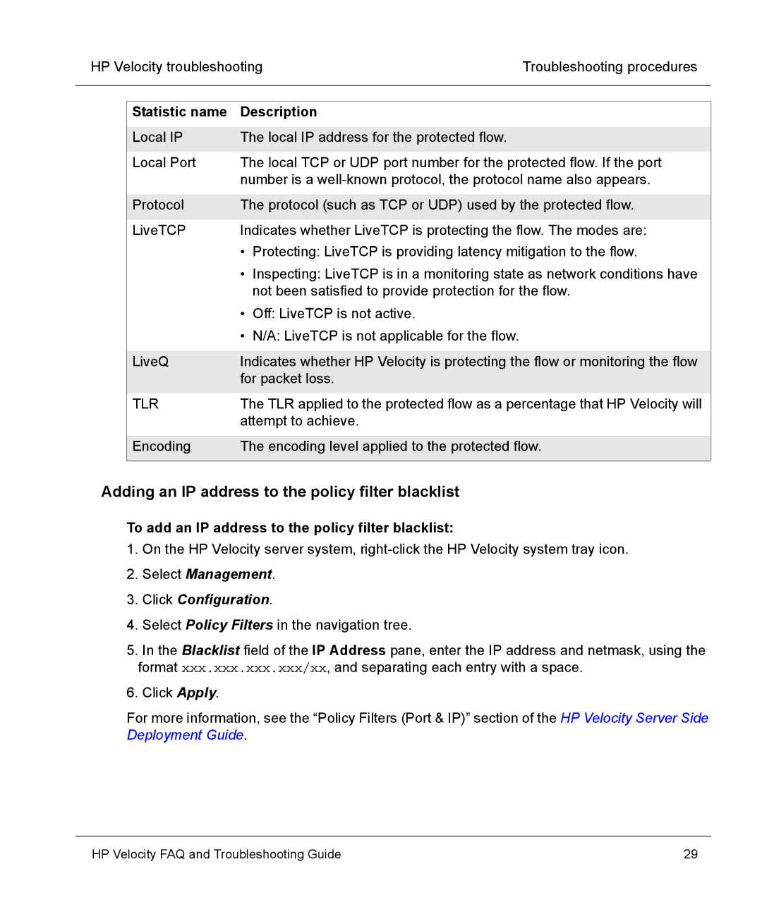 HP mt40 Mobile Adding an IP address to the policy filter blacklist, To add an IP address to the policy filter blacklist 