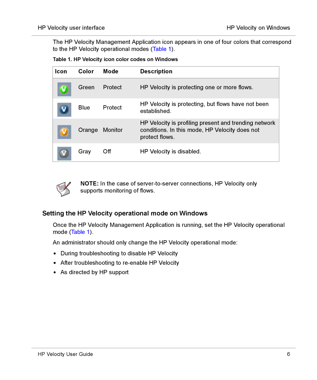 HP mt40 Mobile manual Setting the HP Velocity operational mode on Windows, Icon Color Mode Description 