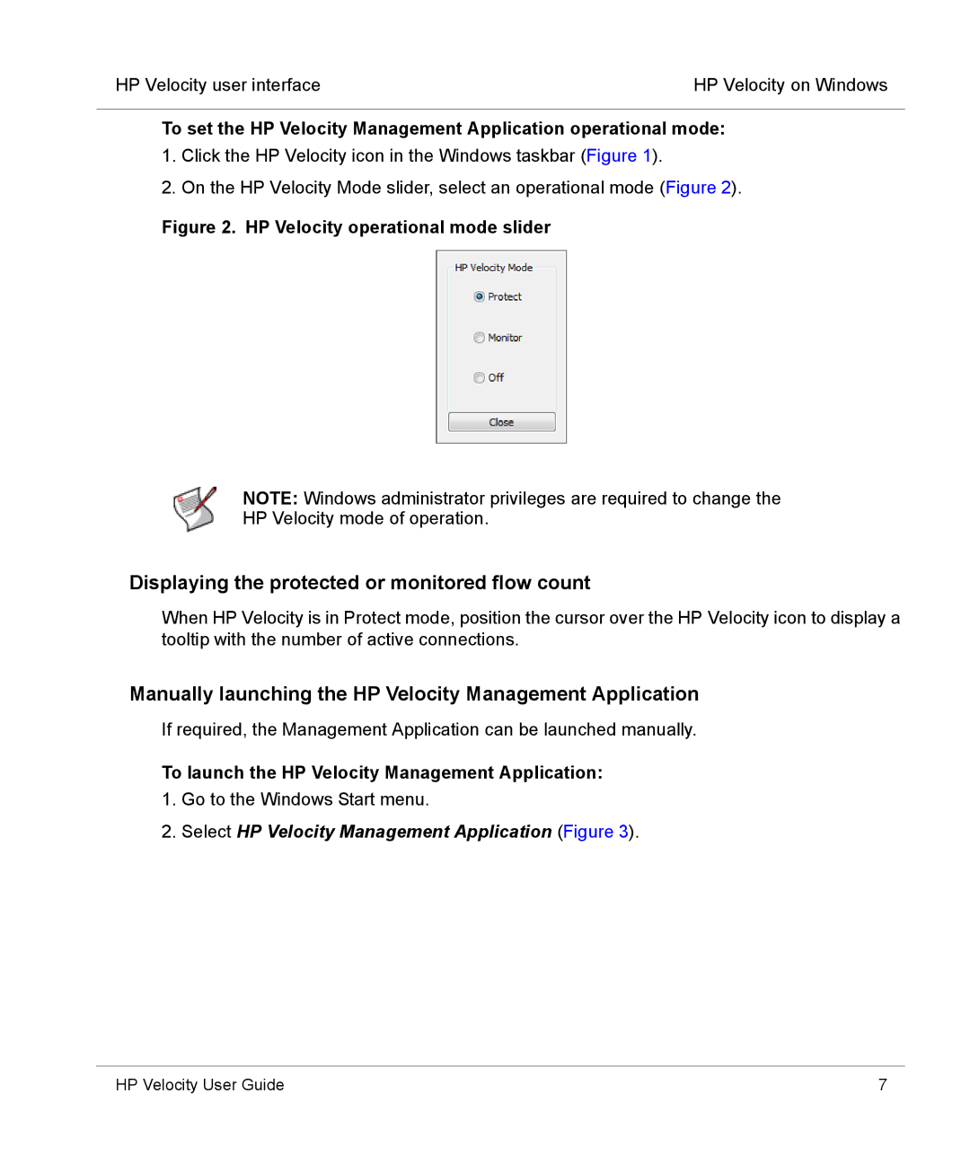 HP mt40 Mobile Displaying the protected or monitored flow count, Manually launching the HP Velocity Management Application 