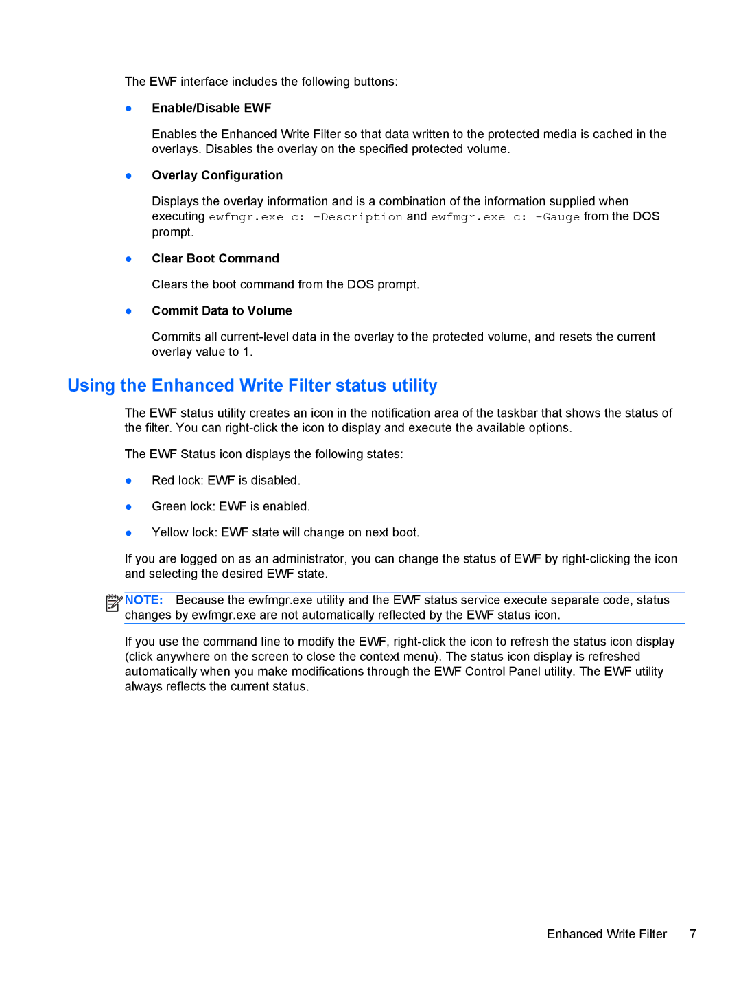 HP mt40 Mobile manual Using the Enhanced Write Filter status utility, Enable/Disable EWF 