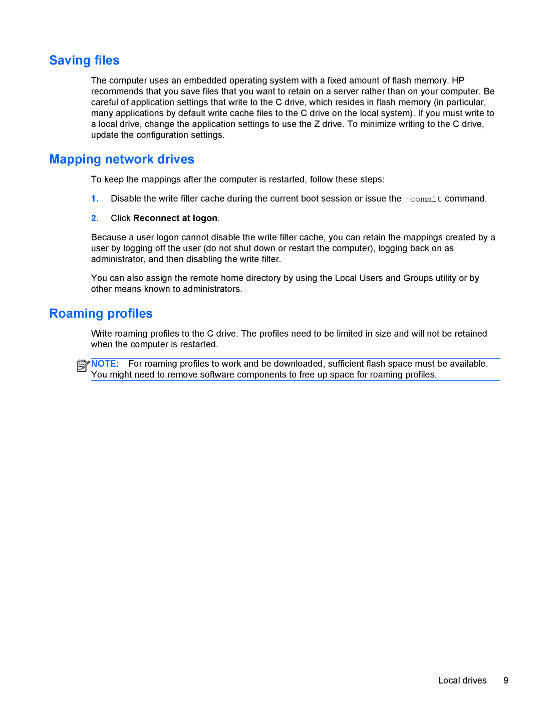 HP mt40 Mobile manual Saving files, Mapping network drives, Roaming profiles 