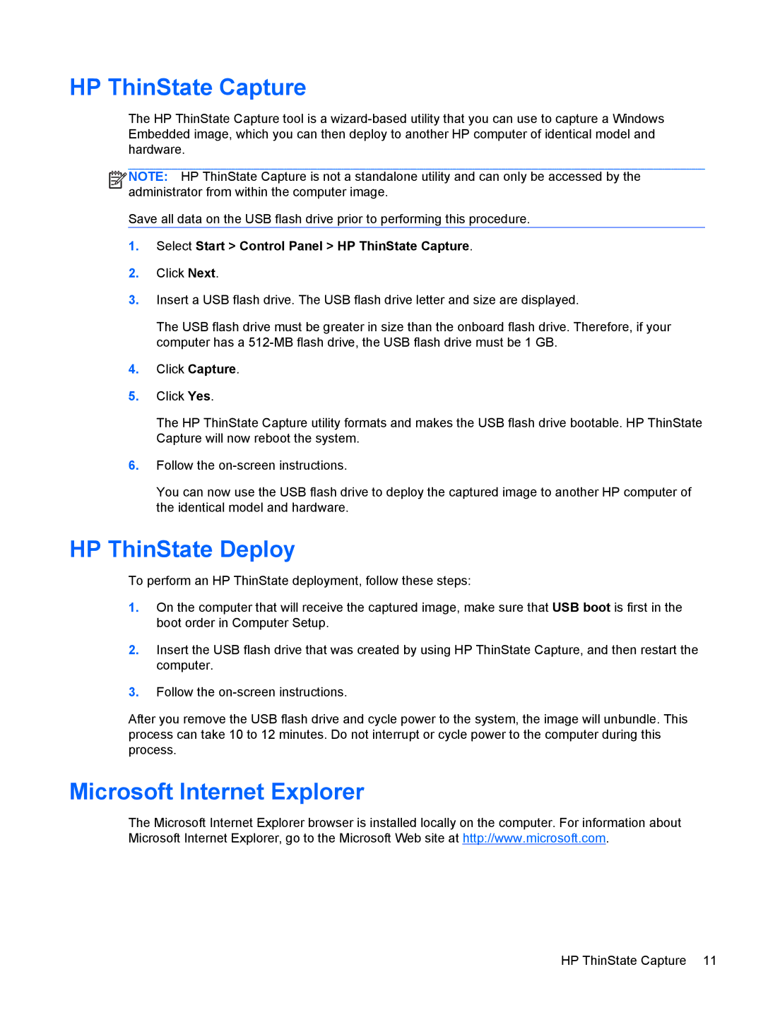 HP mt40 Mobile manual HP ThinState Capture, HP ThinState Deploy, Microsoft Internet Explorer 