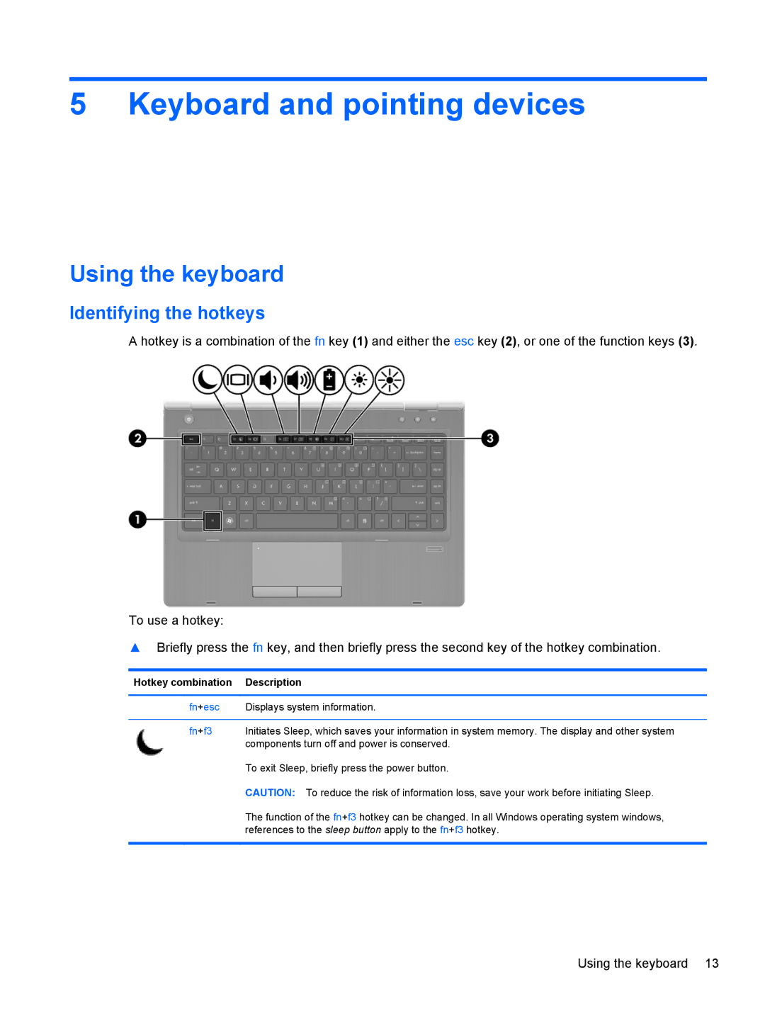 HP mt40 Mobile manual Keyboard and pointing devices, Using the keyboard, Identifying the hotkeys 