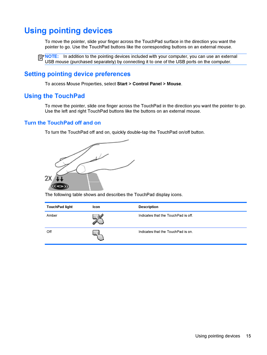 HP mt40 Mobile manual Using pointing devices, Setting pointing device preferences, Using the TouchPad 