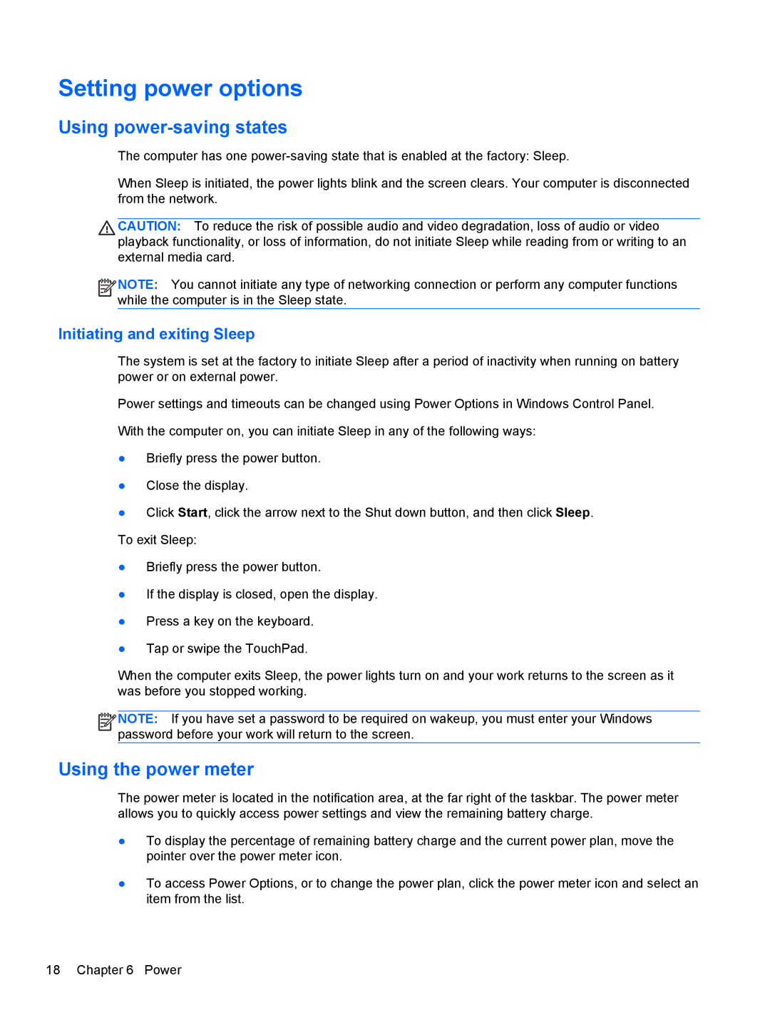 HP mt40 Mobile manual Setting power options, Using power-saving states, Using the power meter, Initiating and exiting Sleep 