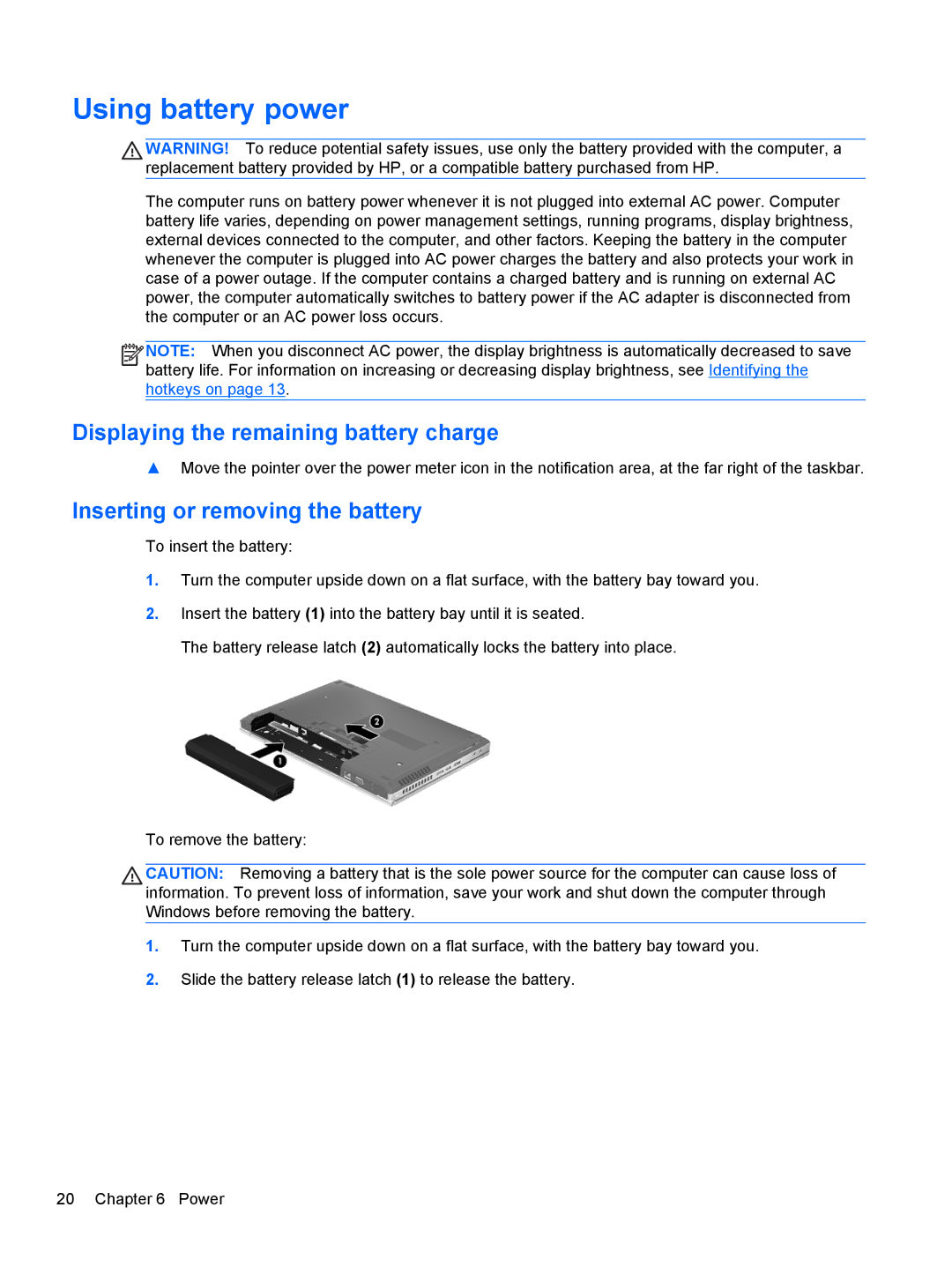 HP mt40 Mobile manual Using battery power, Displaying the remaining battery charge, Inserting or removing the battery 