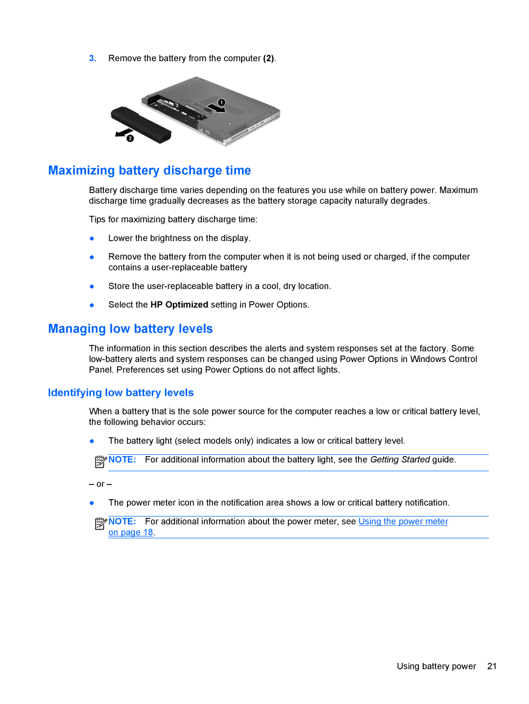 HP mt40 Mobile manual Maximizing battery discharge time, Managing low battery levels, Identifying low battery levels 