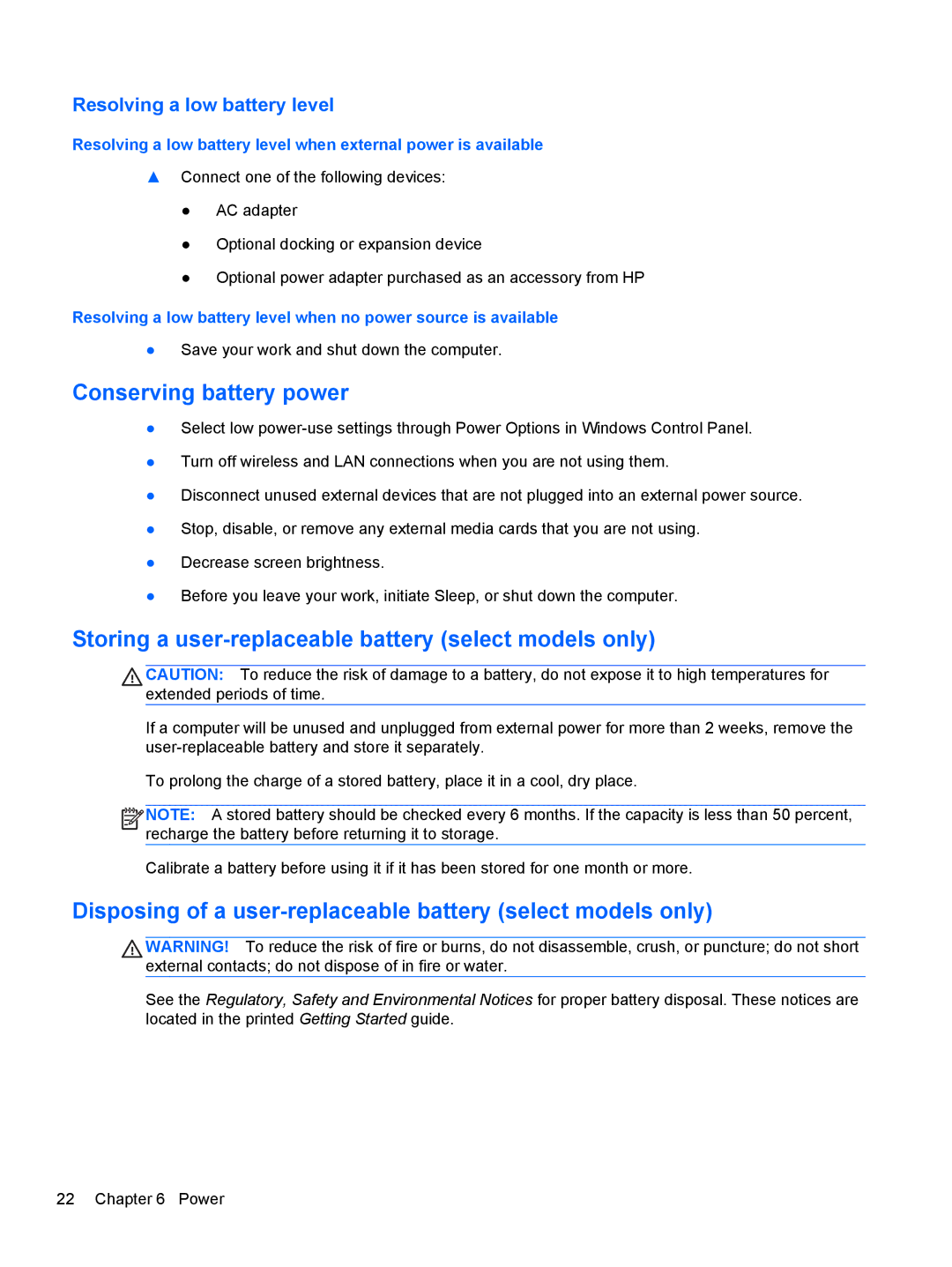 HP mt40 Mobile manual Conserving battery power, Storing a user-replaceable battery select models only 