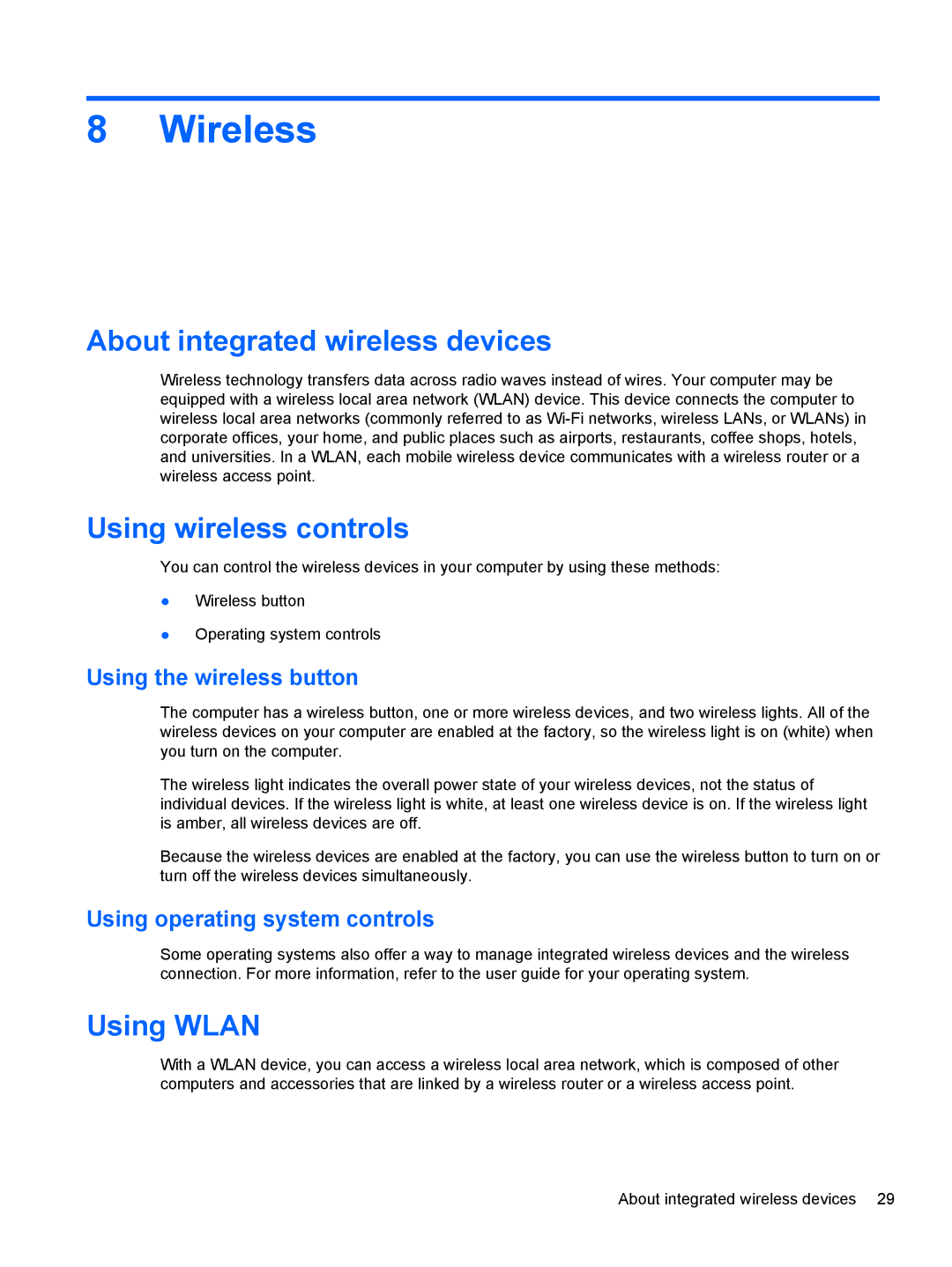 HP mt40 Mobile manual Wireless, About integrated wireless devices, Using wireless controls, Using Wlan 