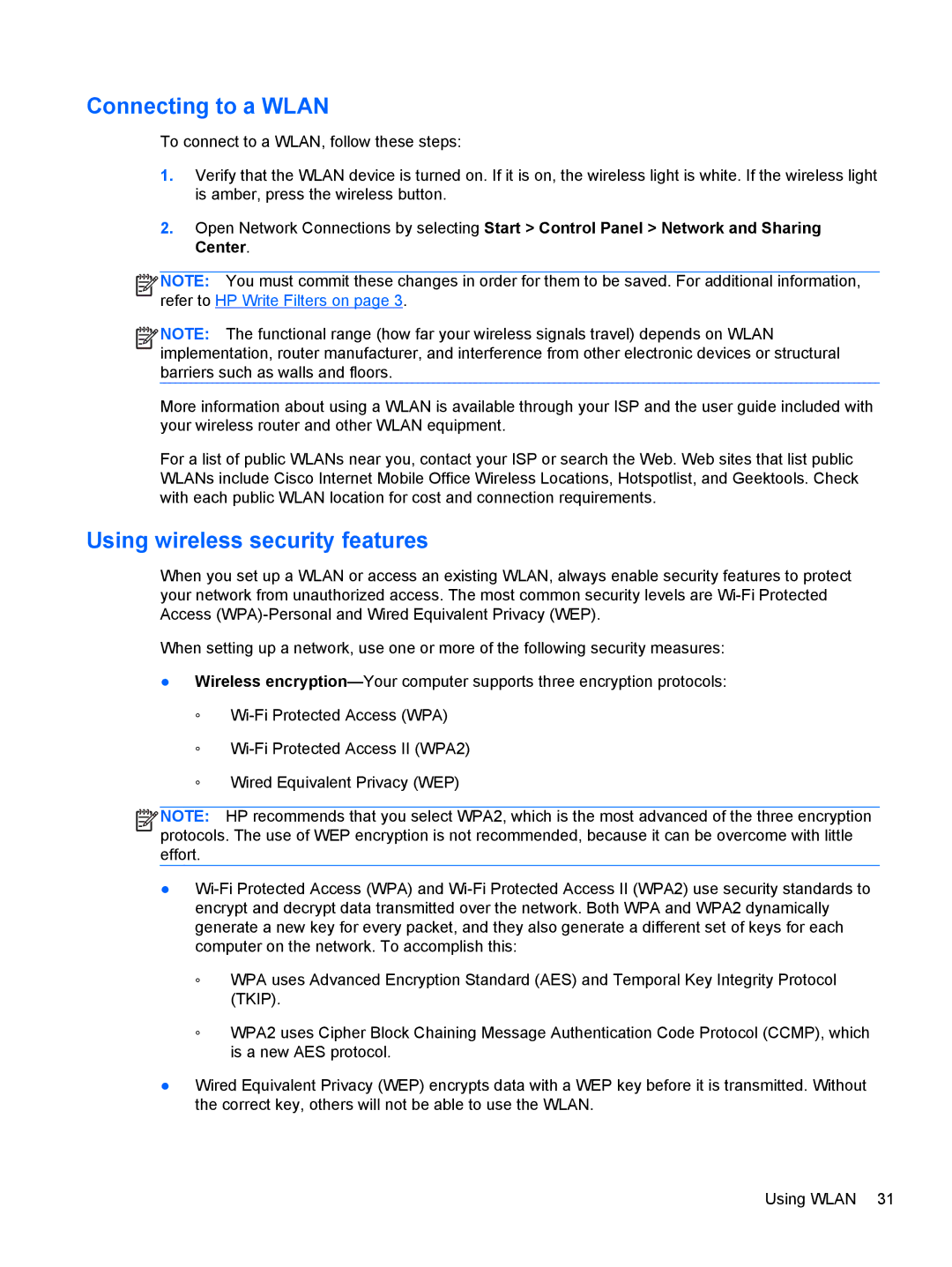 HP mt40 Mobile manual Connecting to a Wlan, Using wireless security features 