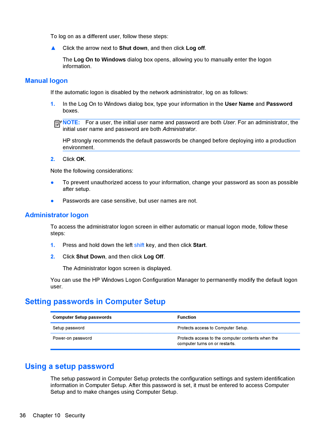 HP mt40 Mobile manual Setting passwords in Computer Setup, Using a setup password, Manual logon, Administrator logon 