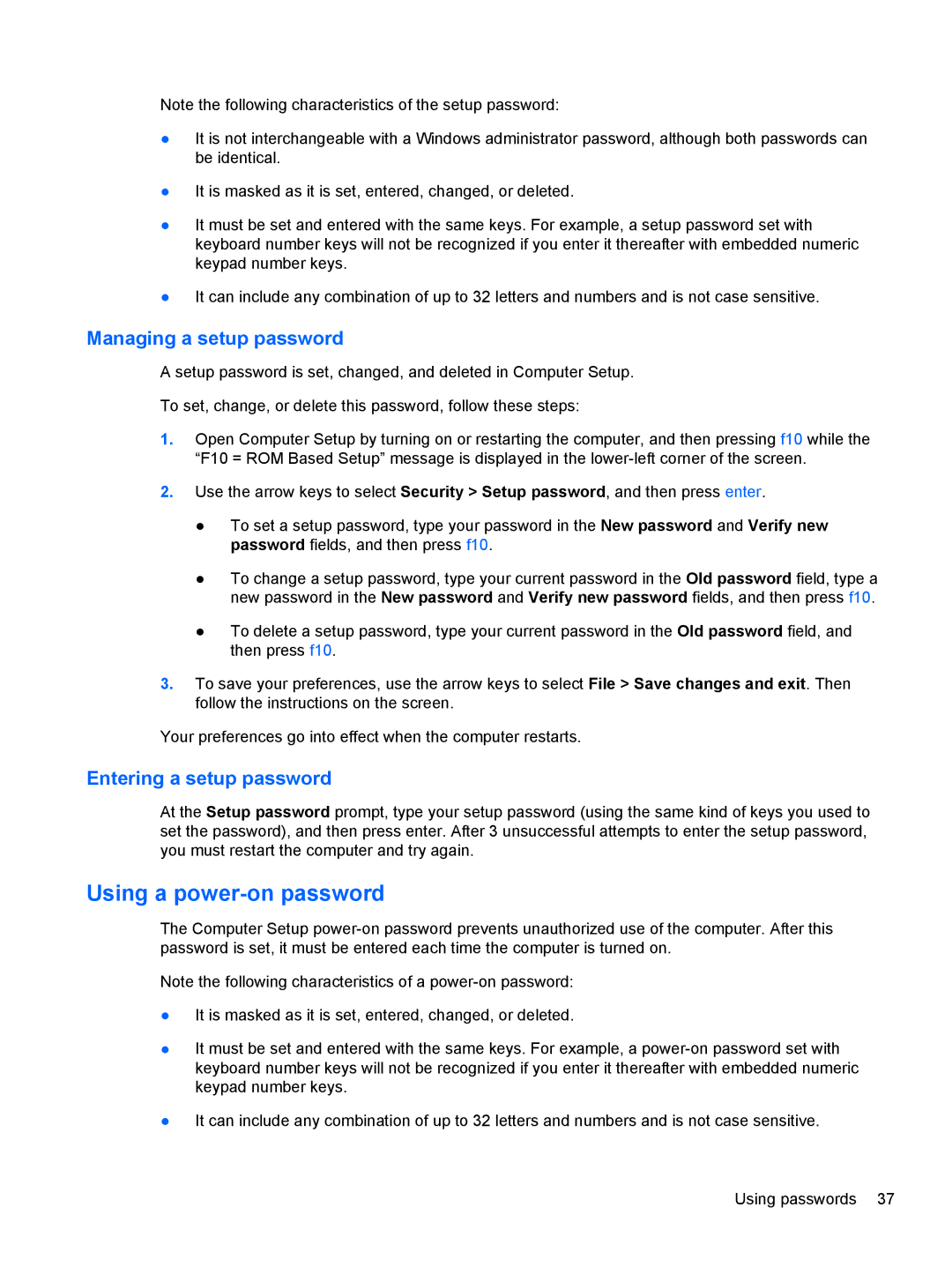 HP mt40 Mobile manual Using a power-on password, Managing a setup password, Entering a setup password 