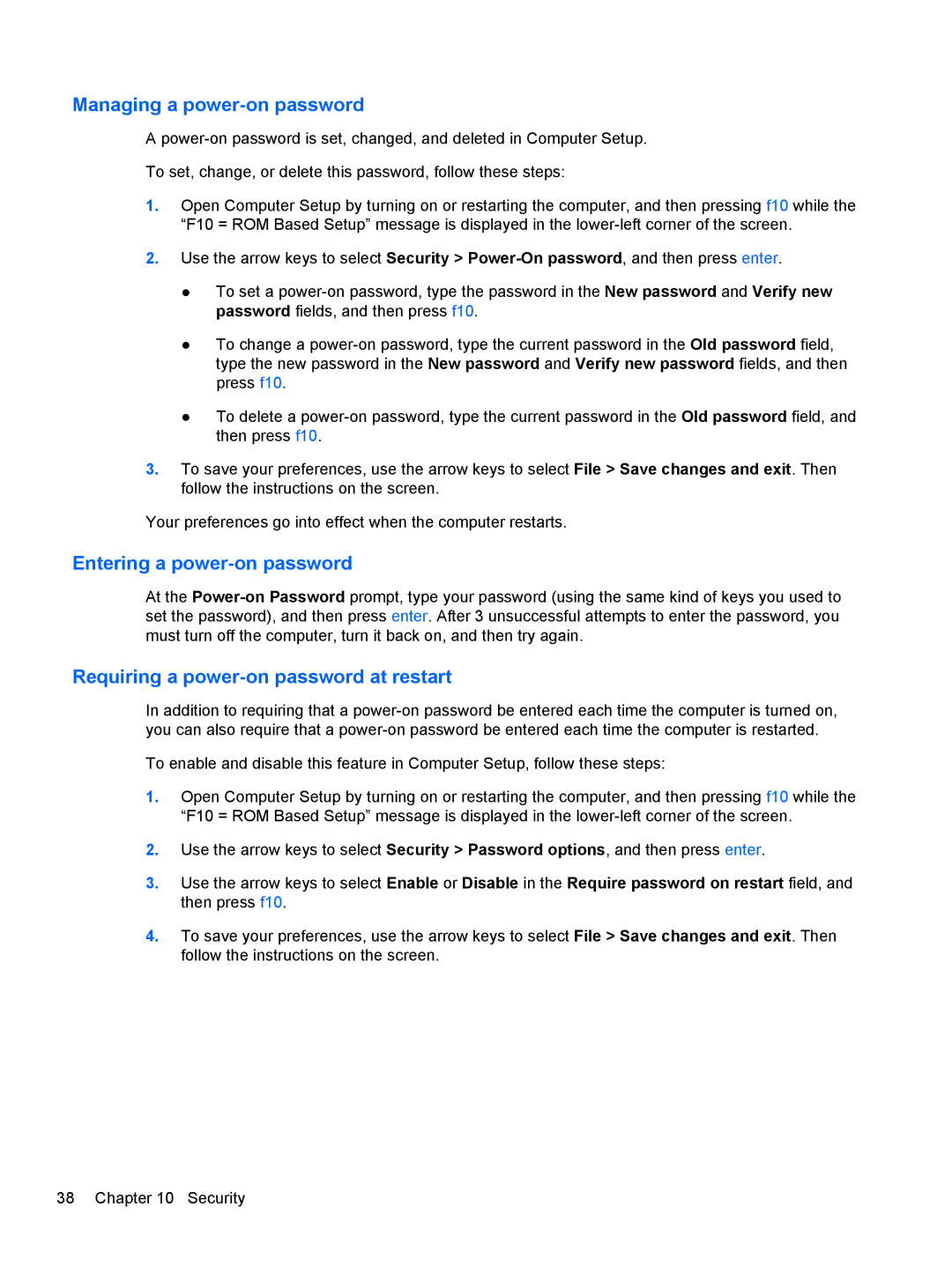 HP mt40 Mobile manual Managing a power-on password, Entering a power-on password, Requiring a power-on password at restart 