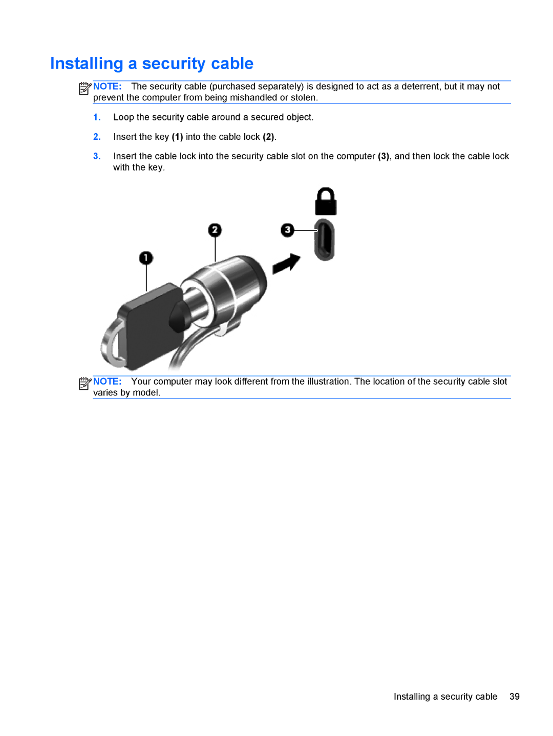 HP mt40 Mobile manual Installing a security cable 