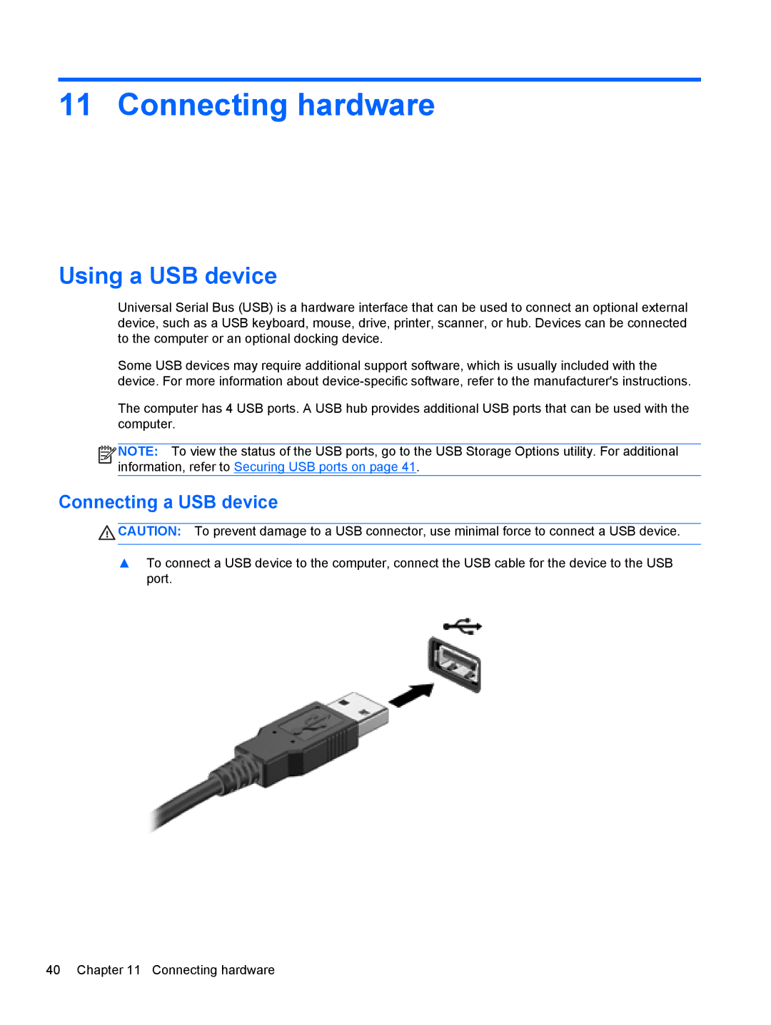 HP mt40 Mobile manual Connecting hardware, Using a USB device, Connecting a USB device 