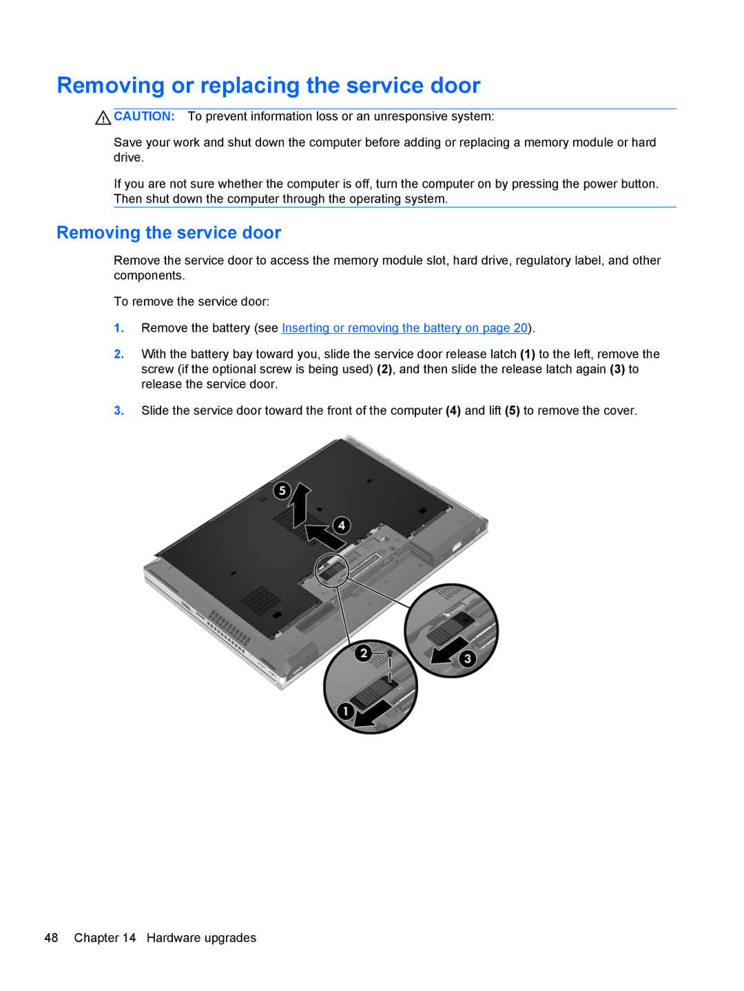 HP mt40 Mobile manual Removing or replacing the service door, Removing the service door 