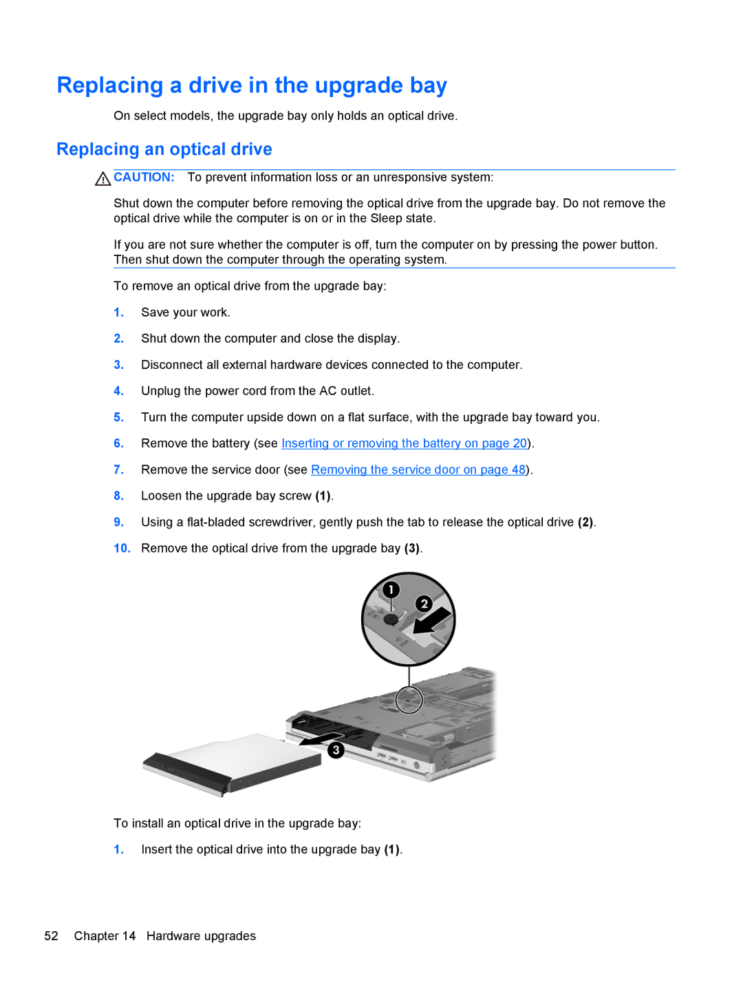 HP mt40 Mobile manual Replacing a drive in the upgrade bay, Replacing an optical drive 