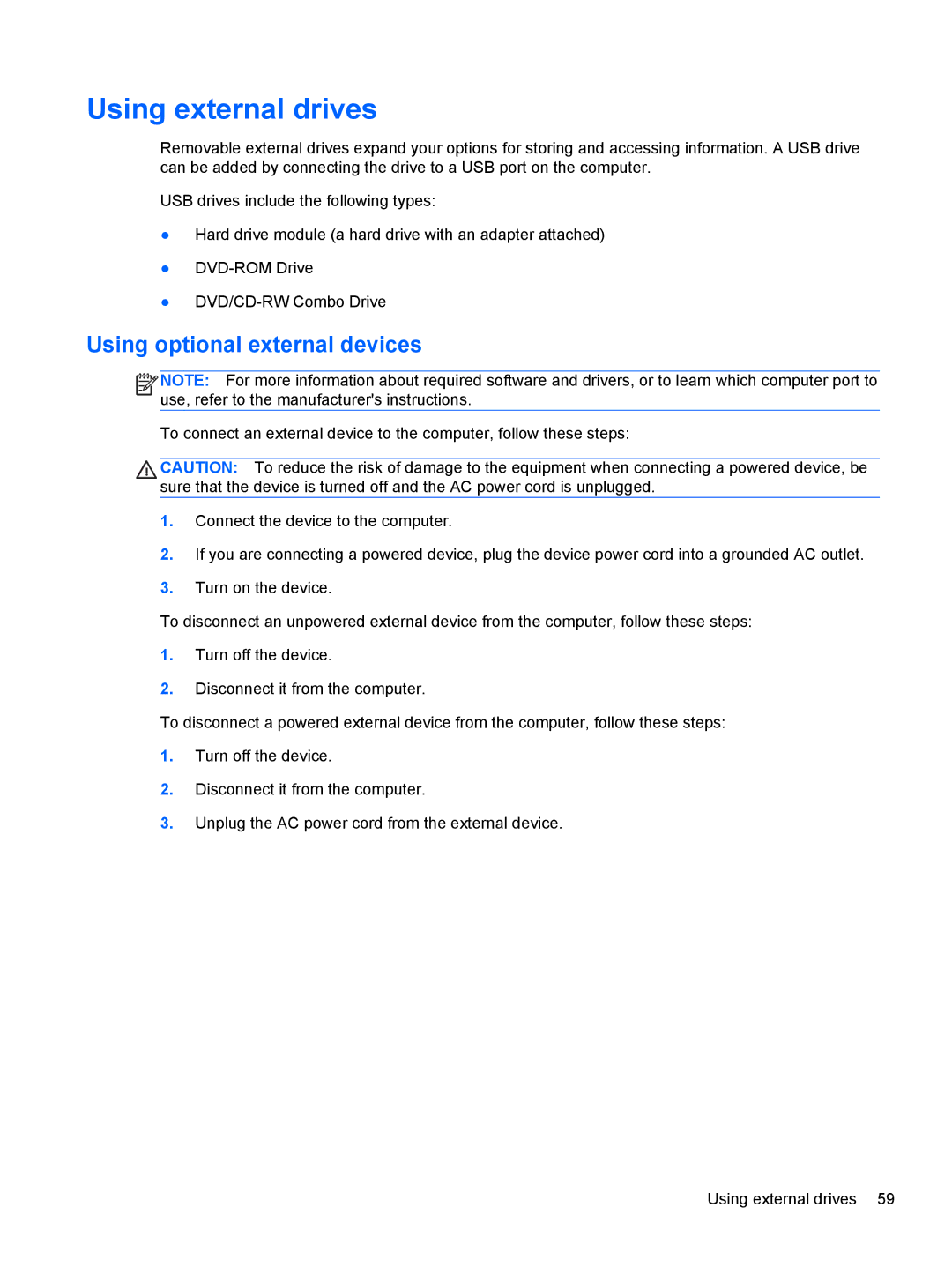 HP mt40 Mobile manual Using external drives, Using optional external devices 