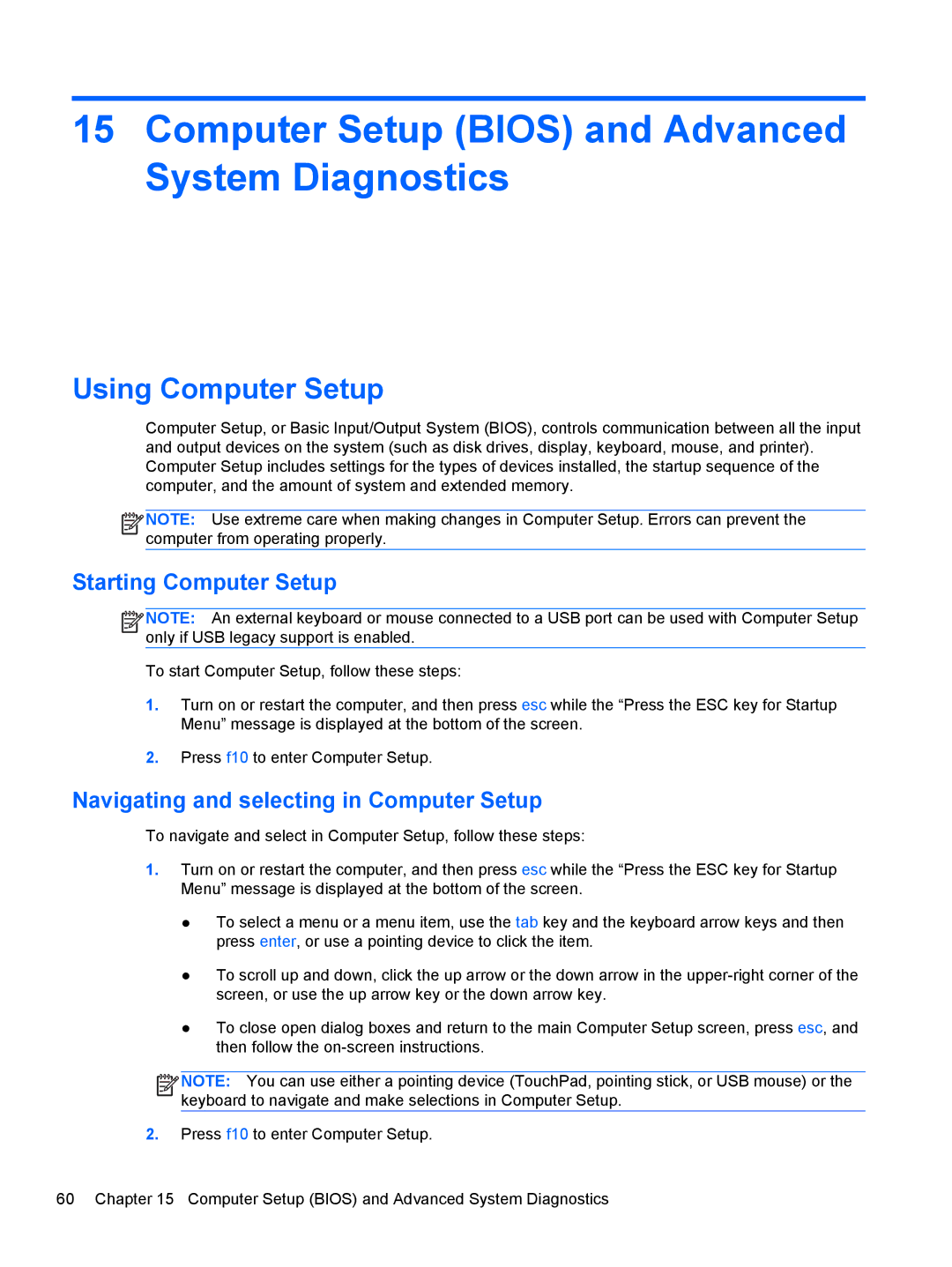 HP mt40 Mobile manual Computer Setup Bios and Advanced System Diagnostics, Using Computer Setup, Starting Computer Setup 