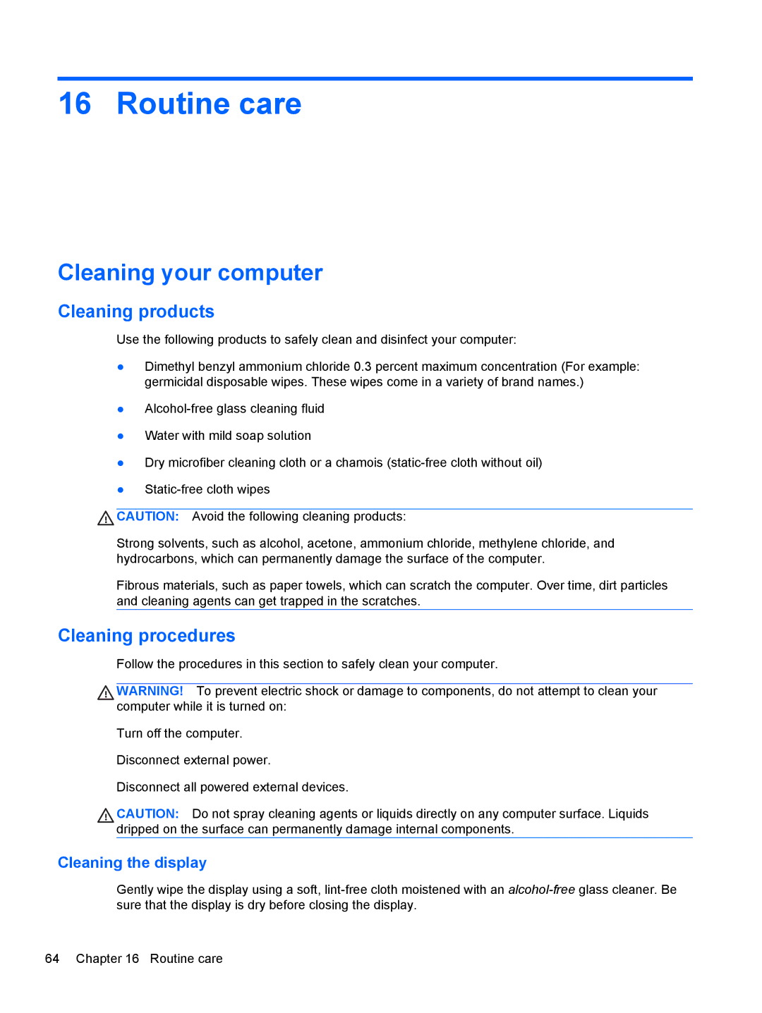 HP mt40 Mobile manual Routine care, Cleaning your computer, Cleaning products, Cleaning procedures, Cleaning the display 