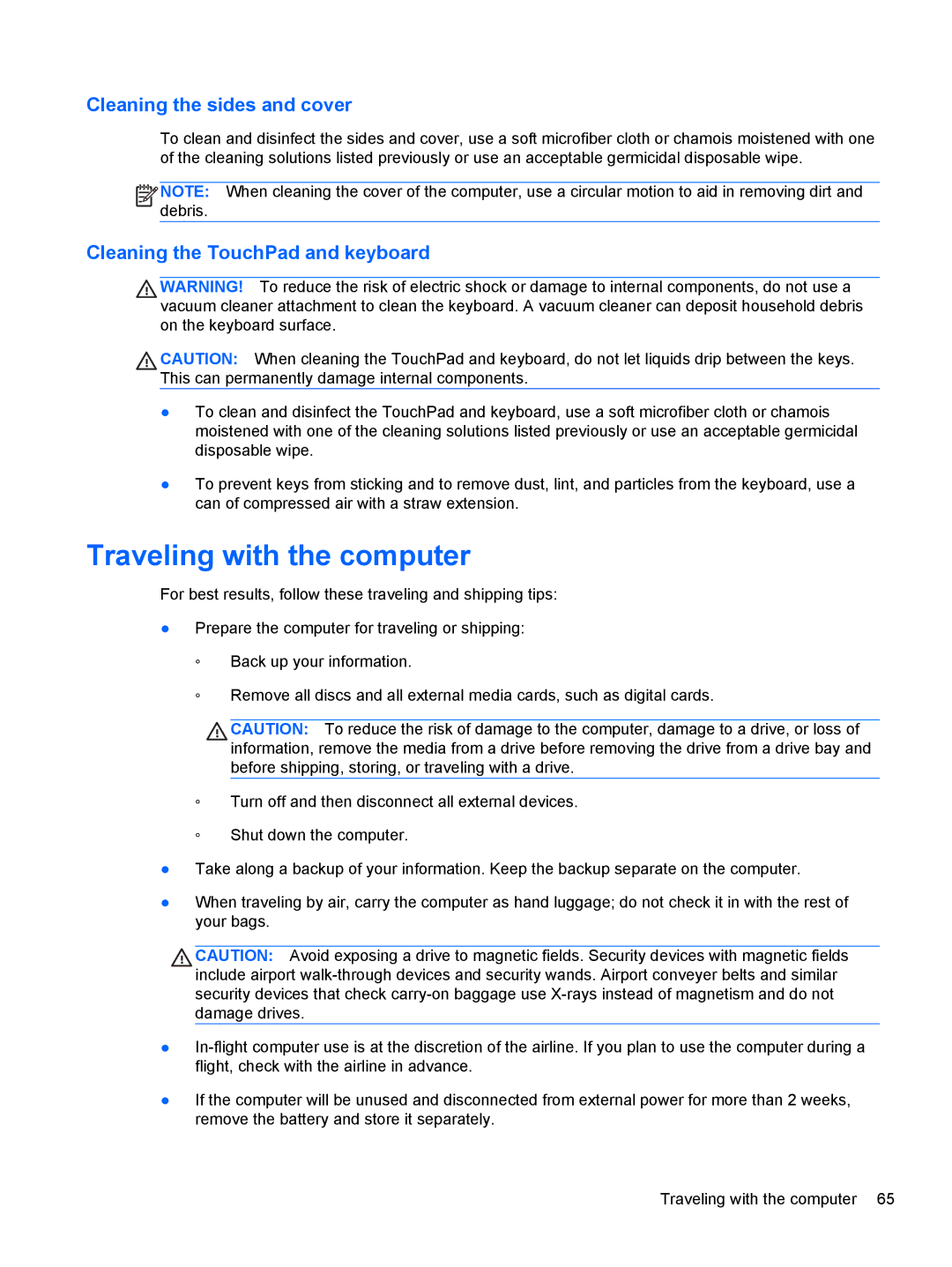 HP mt40 Mobile manual Traveling with the computer, Cleaning the sides and cover, Cleaning the TouchPad and keyboard 