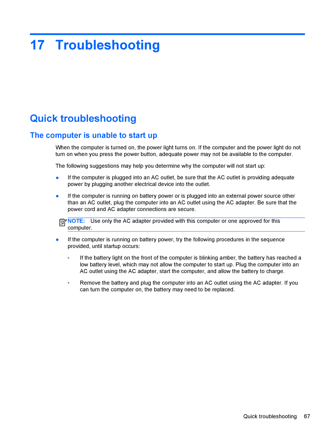 HP mt40 Mobile manual Troubleshooting, Quick troubleshooting, Computer is unable to start up 