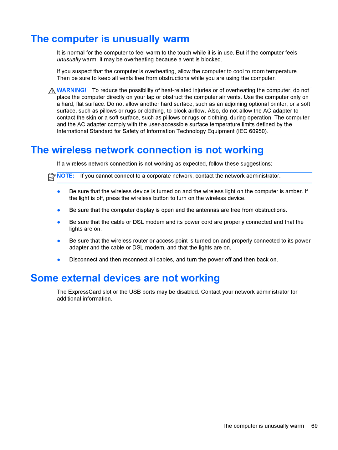 HP mt40 Mobile manual Computer is unusually warm, Wireless network connection is not working 