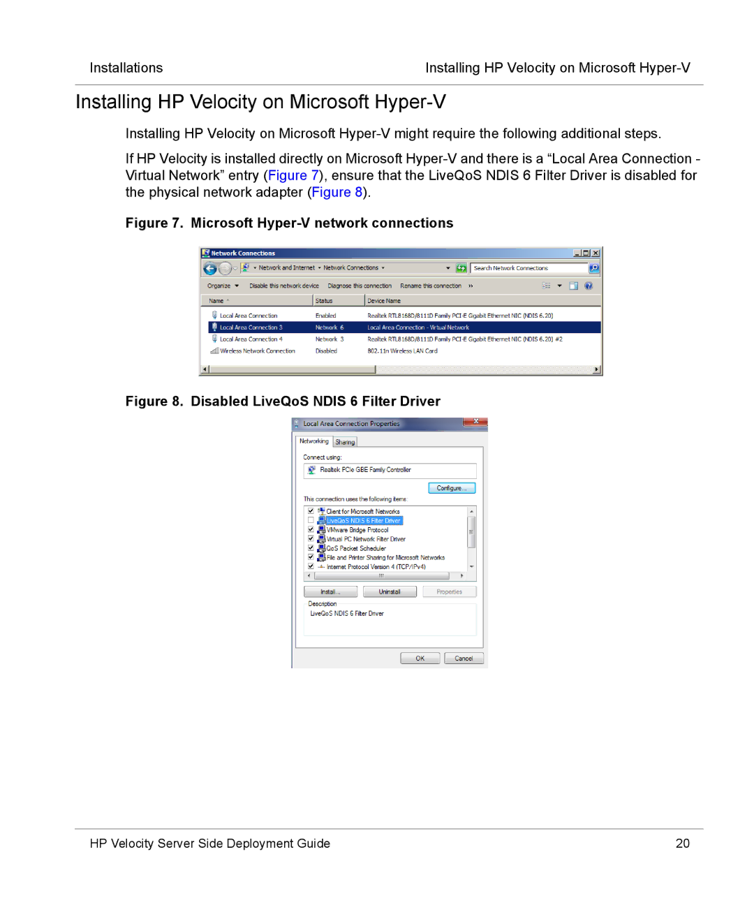 HP mt40 Mobile manual Installing HP Velocity on Microsoft Hyper-V, Microsoft Hyper-V network connections 