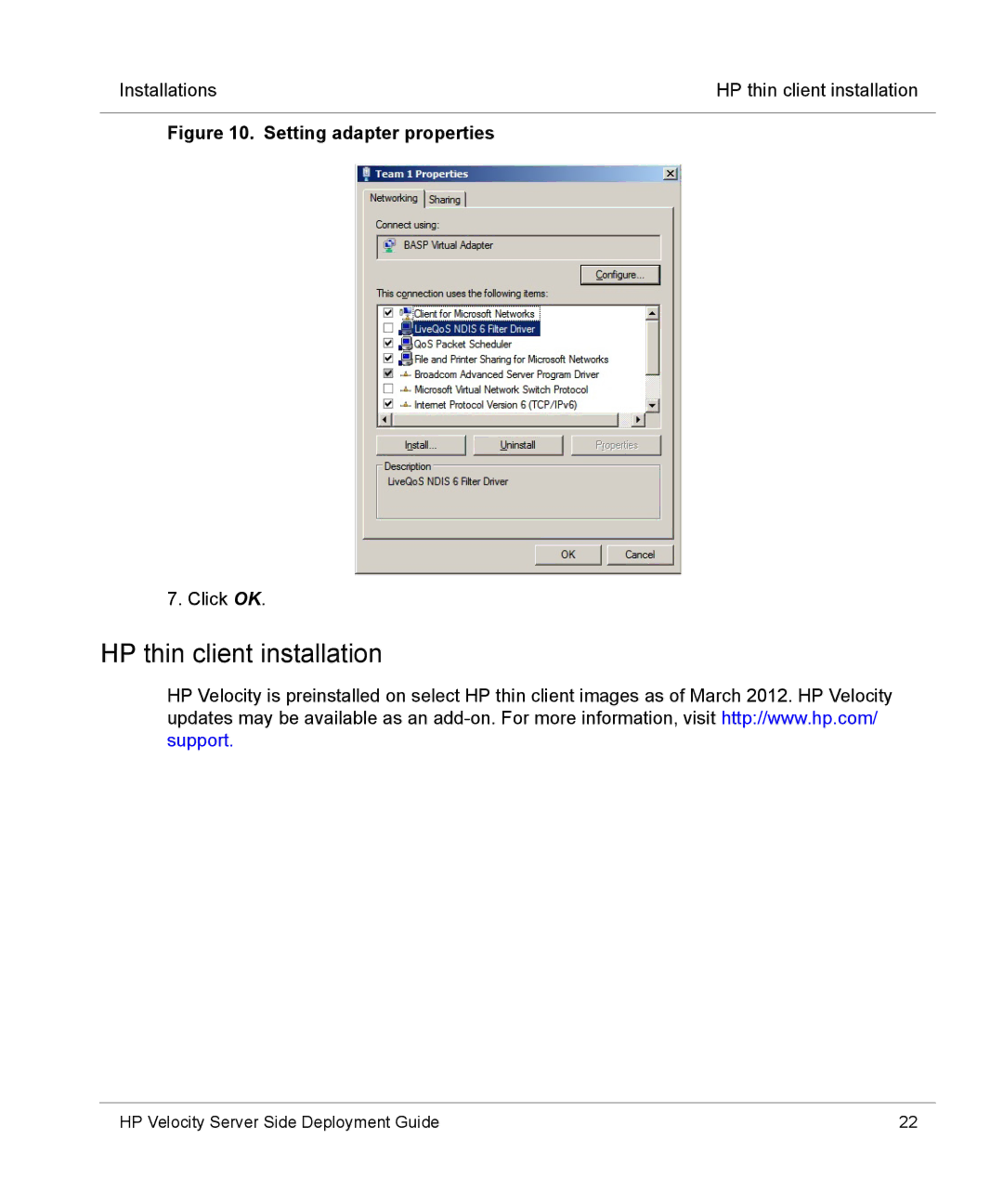 HP mt40 Mobile manual HP thin client installation, Setting adapter properties 