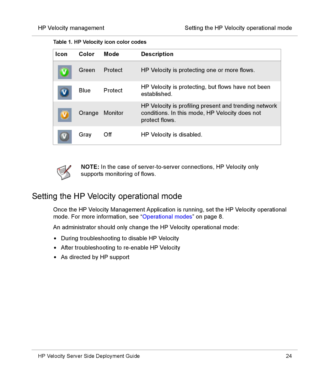 HP mt40 Mobile manual Setting the HP Velocity operational mode, Icon Color Mode Description, HP Velocity icon color codes 