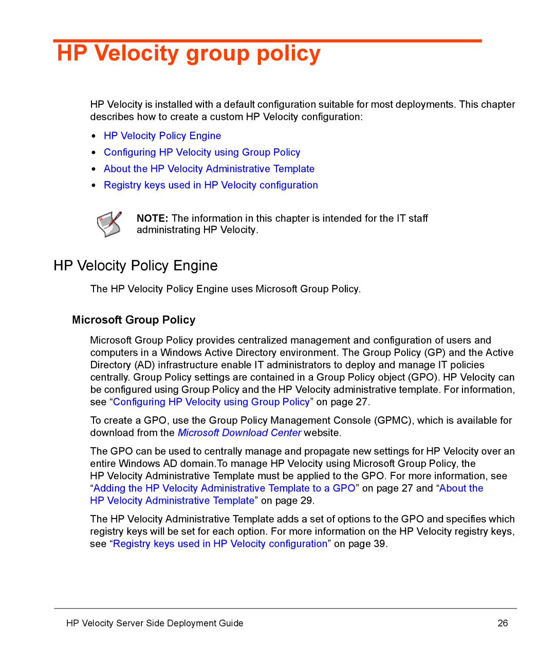 HP mt40 Mobile manual HP Velocity group policy, HP Velocity Policy Engine, Microsoft Group Policy 