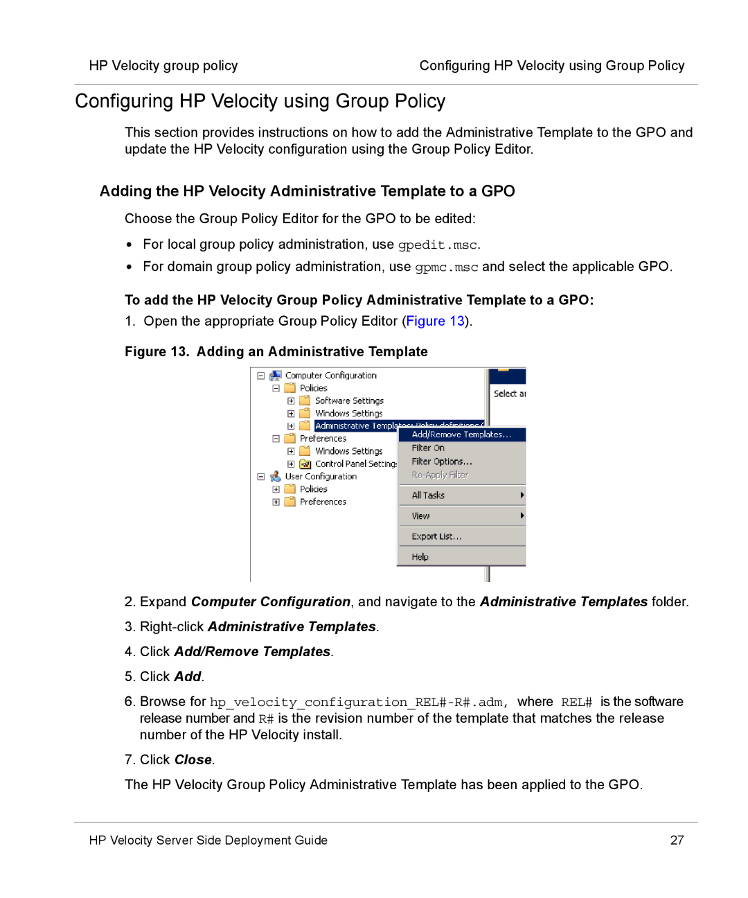 HP mt40 Mobile manual Configuring HP Velocity using Group Policy, Adding the HP Velocity Administrative Template to a GPO 