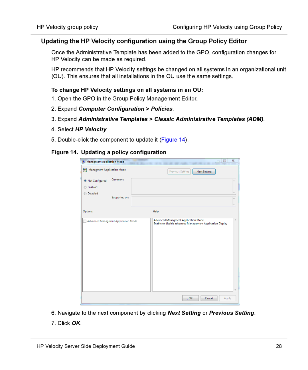 HP mt40 Mobile manual To change HP Velocity settings on all systems in an OU, Updating a policy configuration 