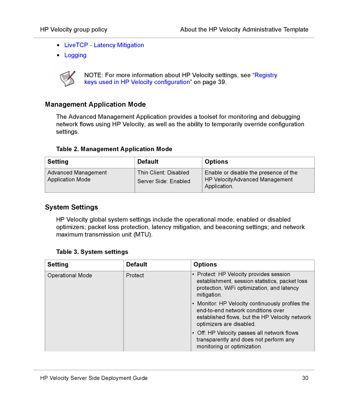 HP mt40 Mobile manual System Settings, Management Application Mode Setting Default Options 