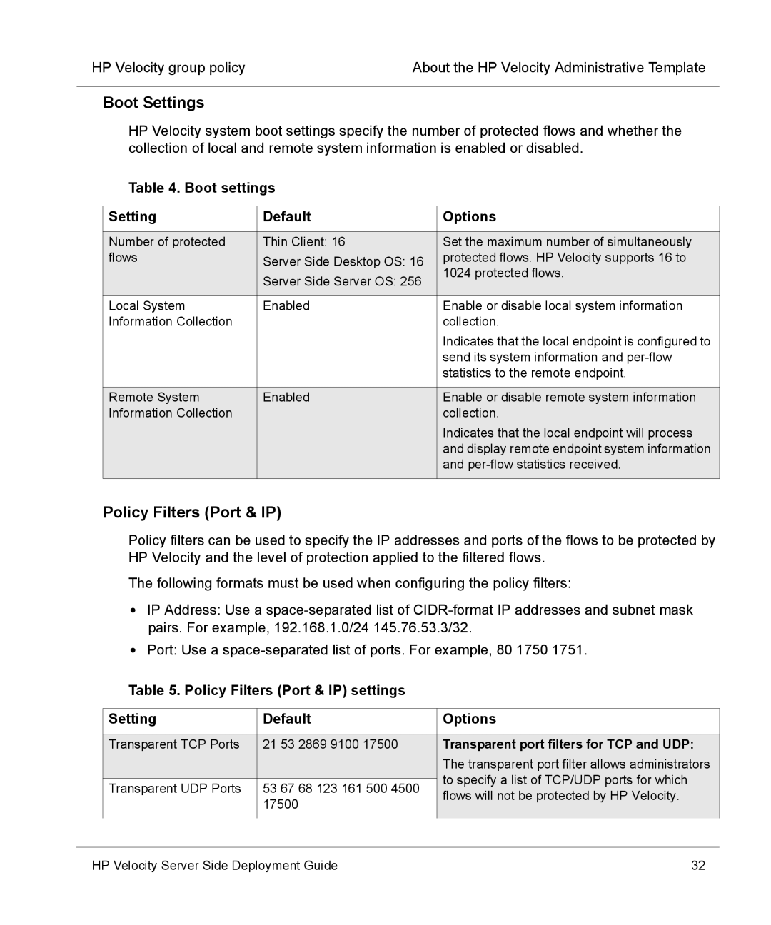 HP mt40 Mobile manual Boot Settings, Policy Filters Port & IP, Boot settings Setting Default Options 