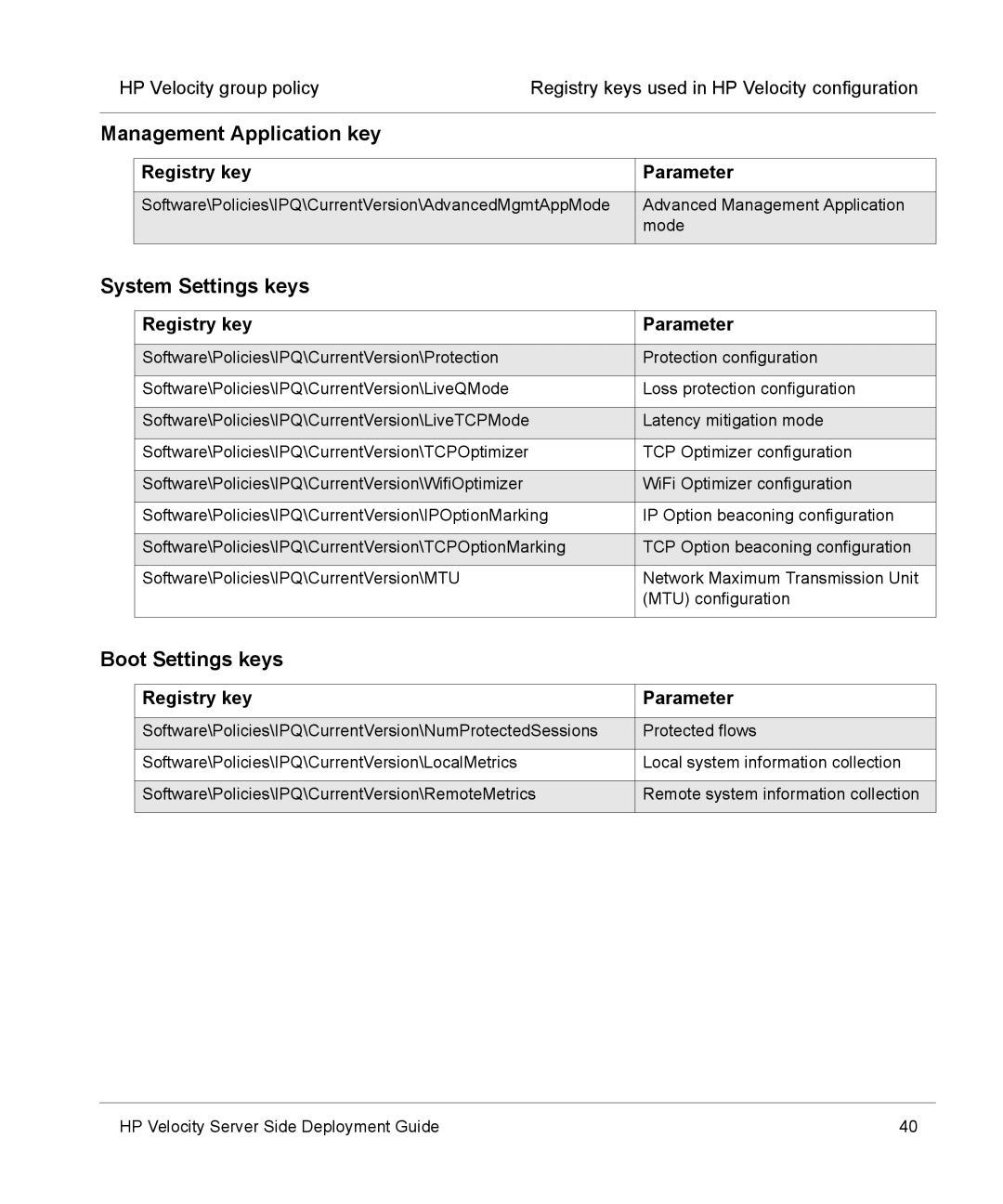 HP mt40 Mobile manual Management Application key, System Settings keys, Boot Settings keys, Registry key Parameter 