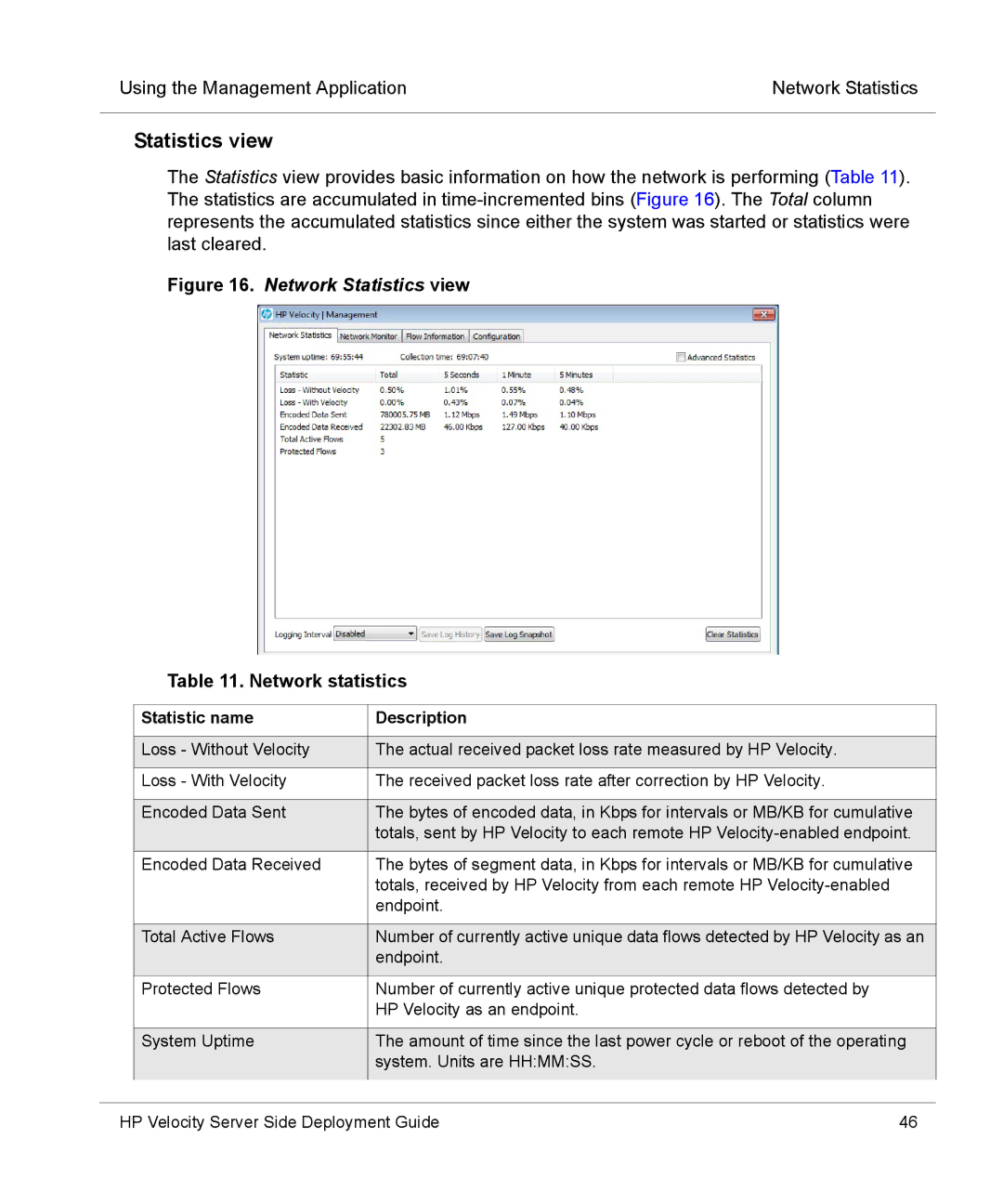 HP mt40 Mobile manual Statistics view, Network statistics, Statistic name Description 