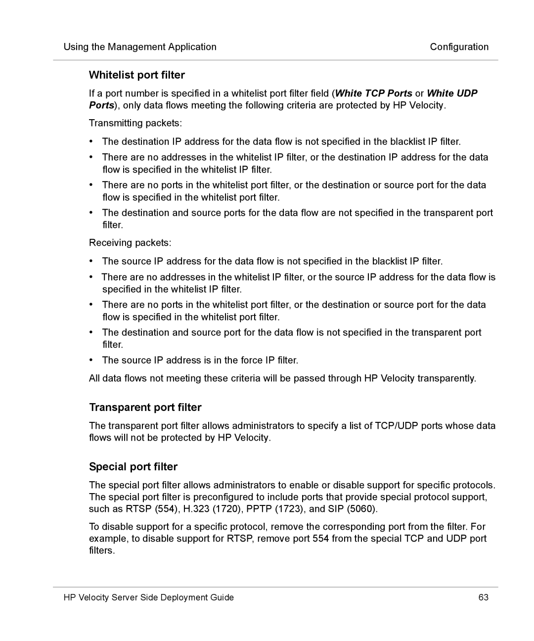 HP mt40 Mobile manual Whitelist port filter, Transparent port filter, Special port filter 