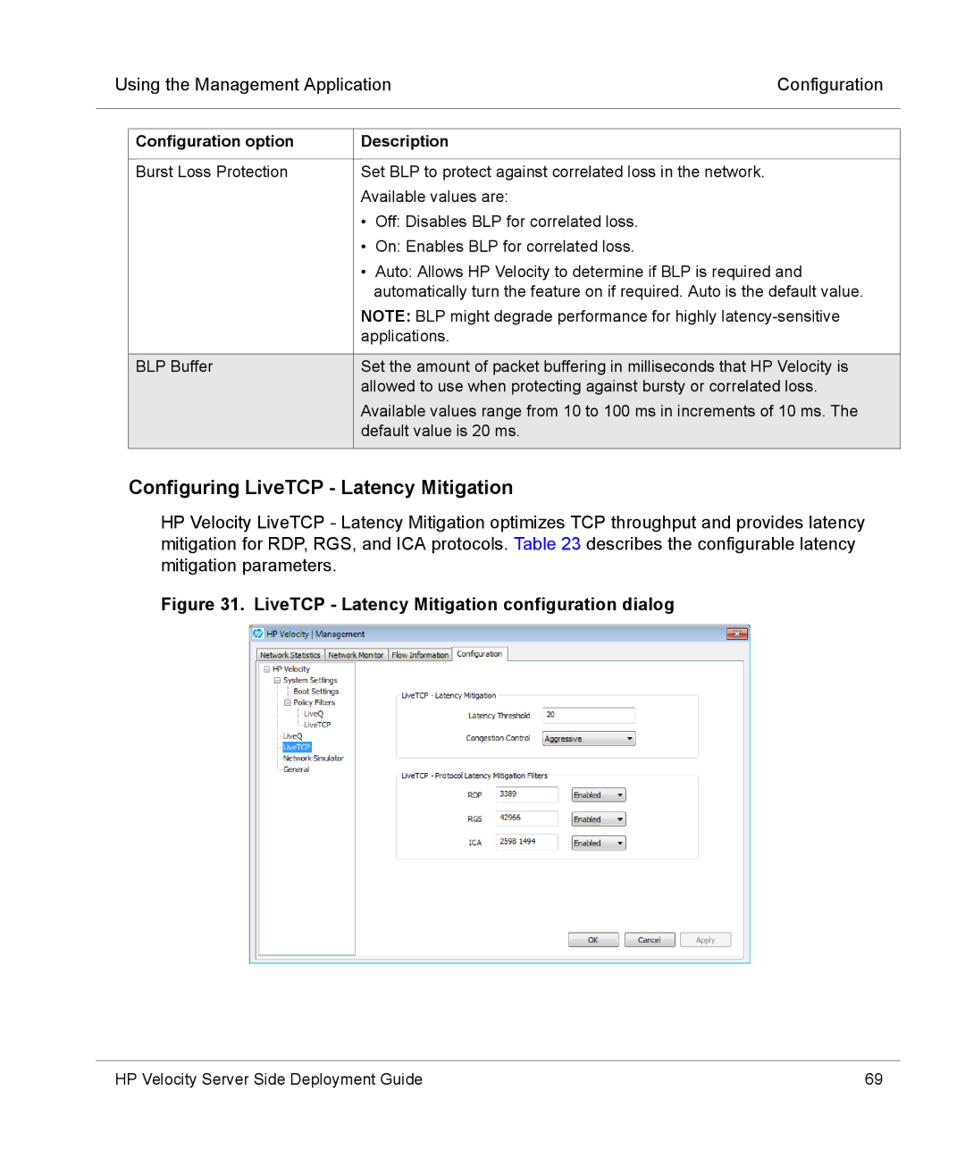 HP mt40 Mobile manual Configuring LiveTCP Latency Mitigation, LiveTCP Latency Mitigation configuration dialog 