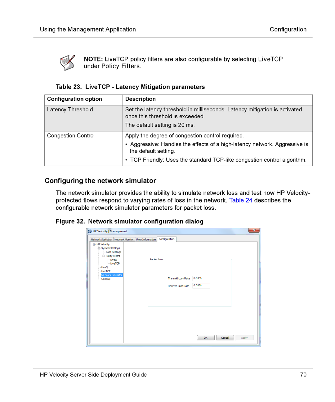 HP mt40 Mobile manual Configuring the network simulator, LiveTCP Latency Mitigation parameters 