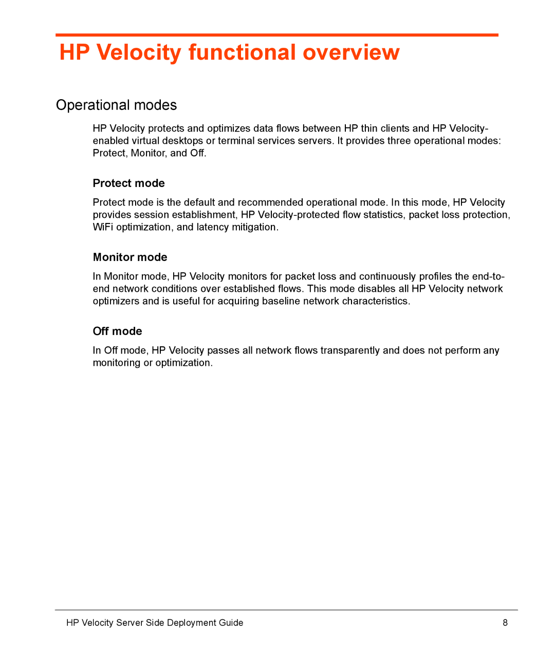 HP mt40 Mobile manual HP Velocity functional overview, Operational modes, Protect mode, Monitor mode, Off mode 