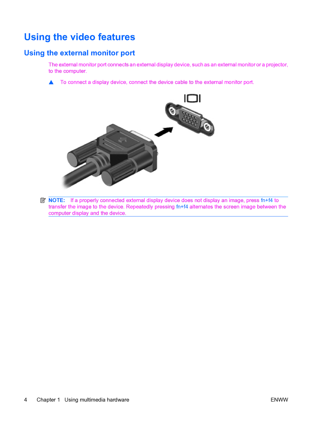 HP multimedia manual Using the video features, Using the external monitor port 