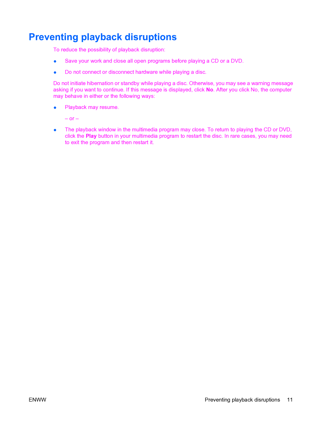 HP multimedia manual Preventing playback disruptions 