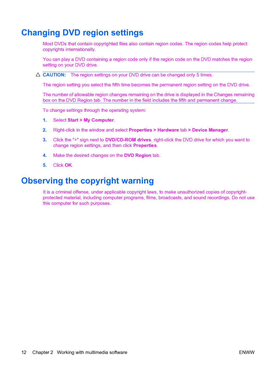 HP multimedia manual Changing DVD region settings, Observing the copyright warning 