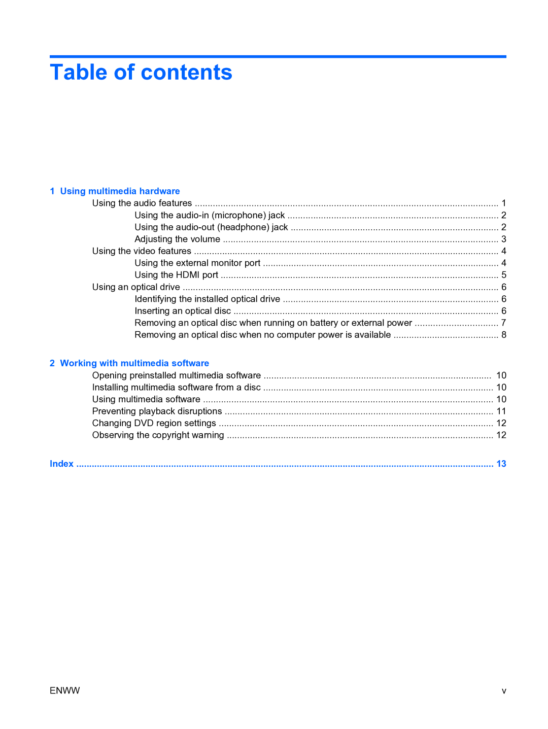 HP multimedia manual Table of contents 